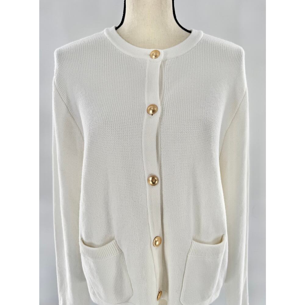 Quince Cream Button-Front Crewneck Cardigan with Gold Buttons